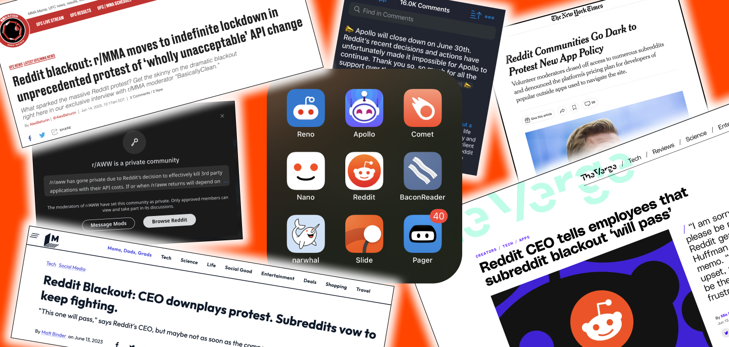 Collage of Reddit black out news headlines